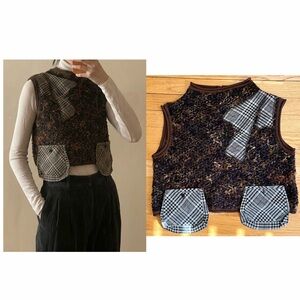 Japanese Designer Wool Blend Multi-Color Patchwork Cropped Knit Vest - S